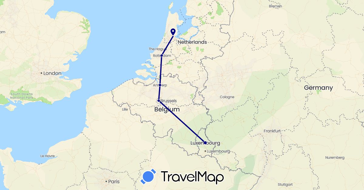 TravelMap itinerary: driving in Belgium, Luxembourg, Netherlands (Europe)